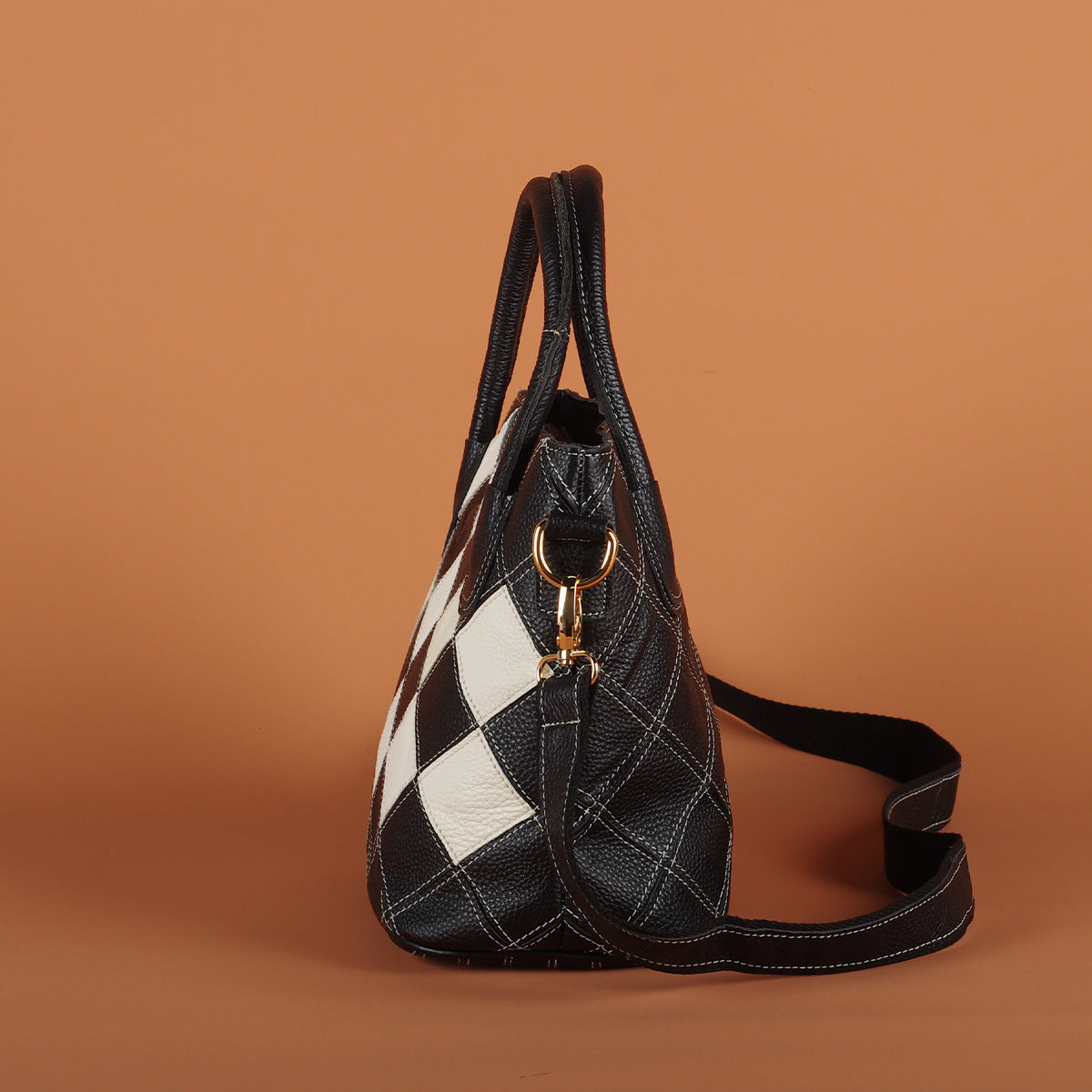 Genuine Leather Black and White Plaid Patchwork Handbag for Women, Ethnic Casual Shoulder Crossbody Top Handle Purse, Color Block Designer Bag for Ladies