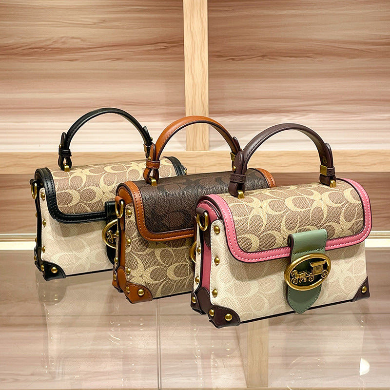 Genuine Leather Color Block Printed Box Bag for Women, Niche Fashionable Premium Shoulder Crossbody Purse, Unique Designer Handbag for Ladies