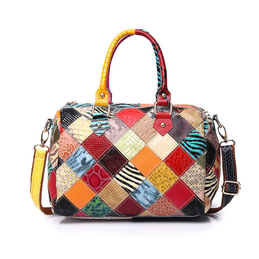 Colorful Plaid Handmade Patchwork Bag with Random Color Block, European Fashion Crossbody Top Handle Purse, Genuine Leather Handbag for Women