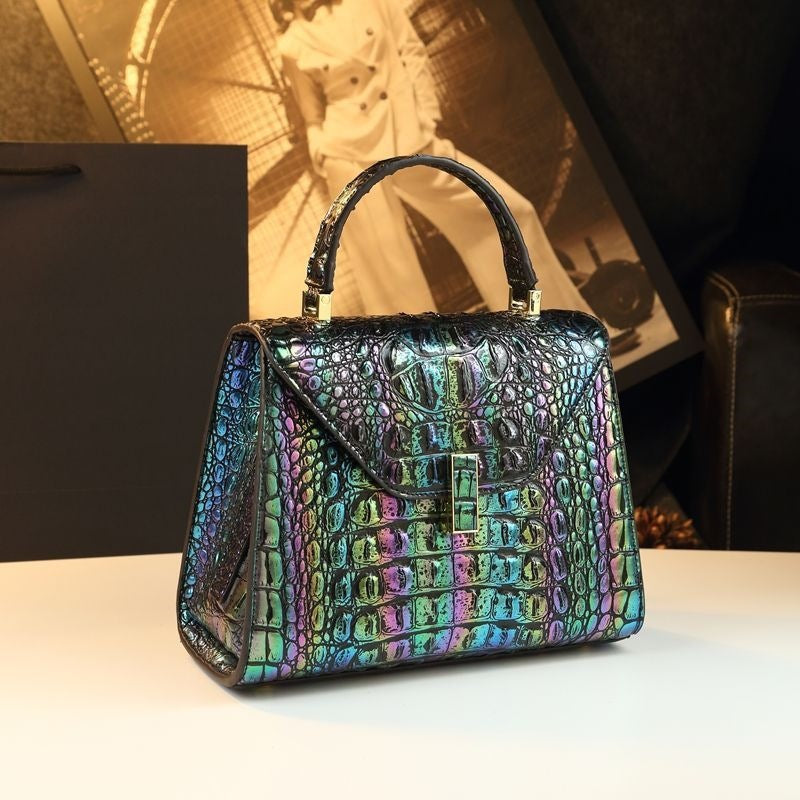 New Arrival Iridescent Croc-Effect Genuine Leather Bag for Women, A Shoulder Crossbody Top-Handle Handbag with Versatile Design, Perfect for Moms