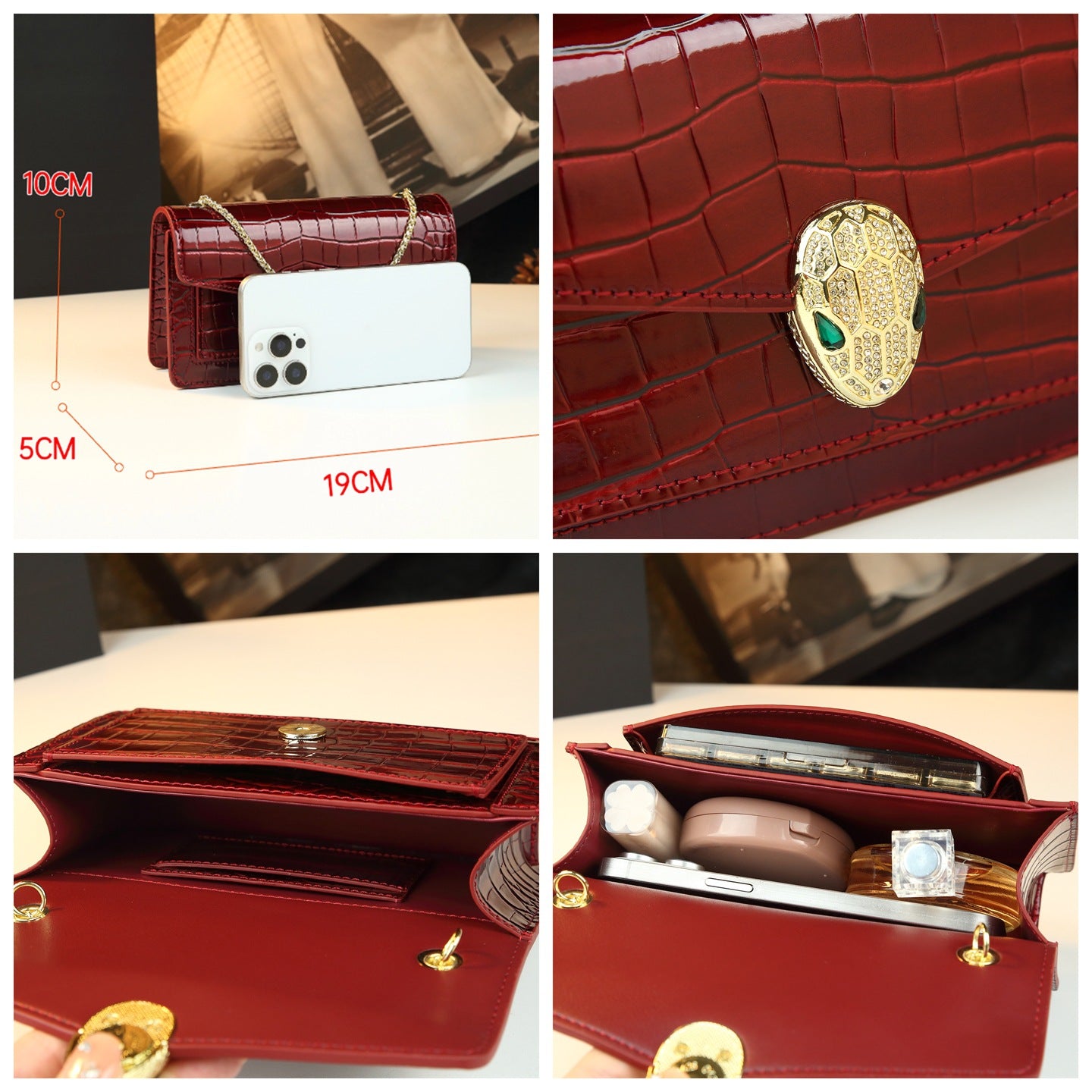 New Arrival Exquisite Small Square Chain Bag for Women, A Croc-Effect Serpent-Head Genuine Leather Top-Handle Crossbody Handbag with Fashionable Design