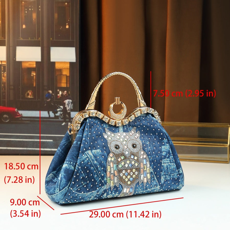 Denim Rhinestone Dumpling Bag for Women with Owl Crystal Design, Elegant Shoulder Handbag with Premium Embellished Style
