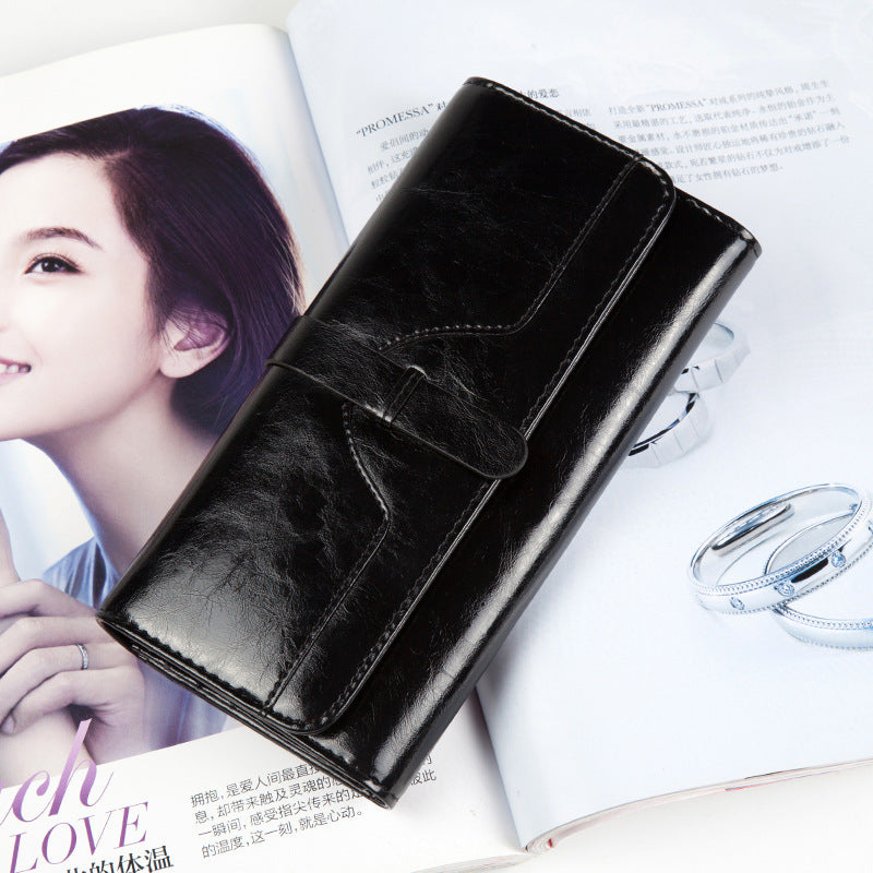 Genuine Cowhide Long Tri-Fold Wallet for Women, Snap Button Multi-Card Large Capacity Clutch Purse, Premium Leather Money Holder for Ladies