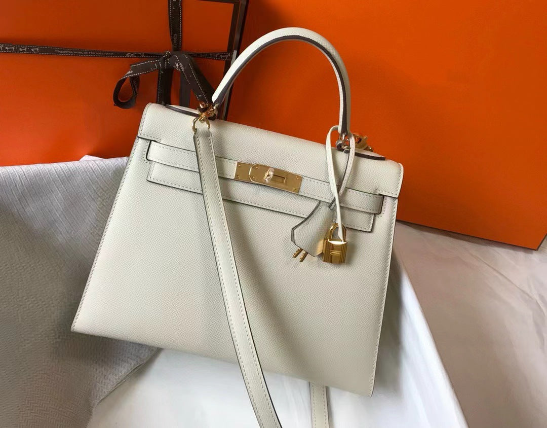 Genuine Epsom Calfskin Leather Kelly-Style 25/28 Top Handle Bag for Women, Premium Commute Handbag with Chic Fashionable Design for Ladies