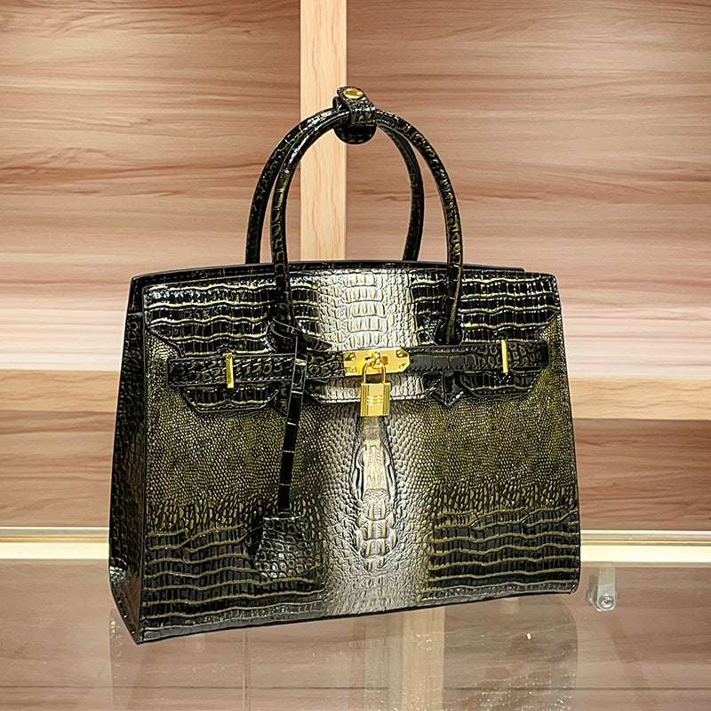 Genuine Leather Crocodile-Embossed Birkin-Style Handbag for Women, Fashionable Top Handle Shoulder Crossbody Purse, Trendy Bag for Ladies