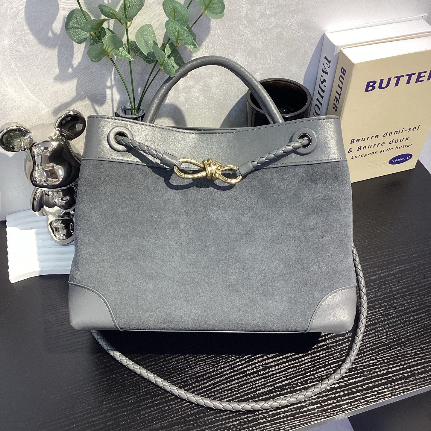 Suede Leather Woven Rope-Knot Handbag, Simple Elegant Shoulder & Crossbody Commuter Bag for Women