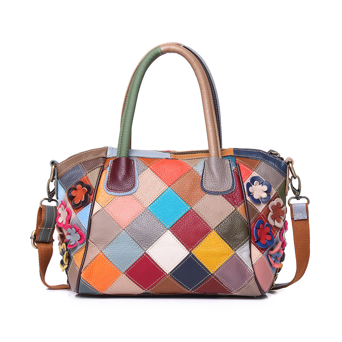 Genuine Leather European Casual Ethnic Vintage Handbag for Women, Handmade Colorful Floral Shoulder Crossbody Top Handle Purse, Boho Designer Bag for Ladies