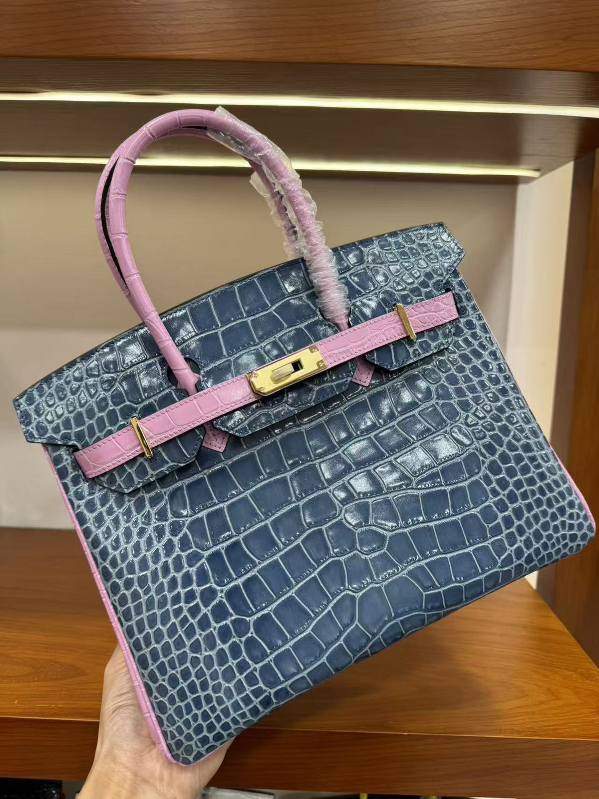 Genuine Leather High-Gloss Crocodile-Embossed Birkin-Style Bag for Women, Large Capacity Three-Color Patchwork Top Handle Purse, Premium Handbag for Ladies