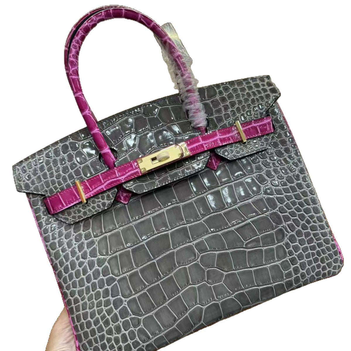 Genuine Top Layer Cowhide Crocodile-Embossed Birkin 30 Bag for Women, Hermès-Style Internal Stitching Color Block Top Handle Purse, Premium Leather Handbag for Ladies