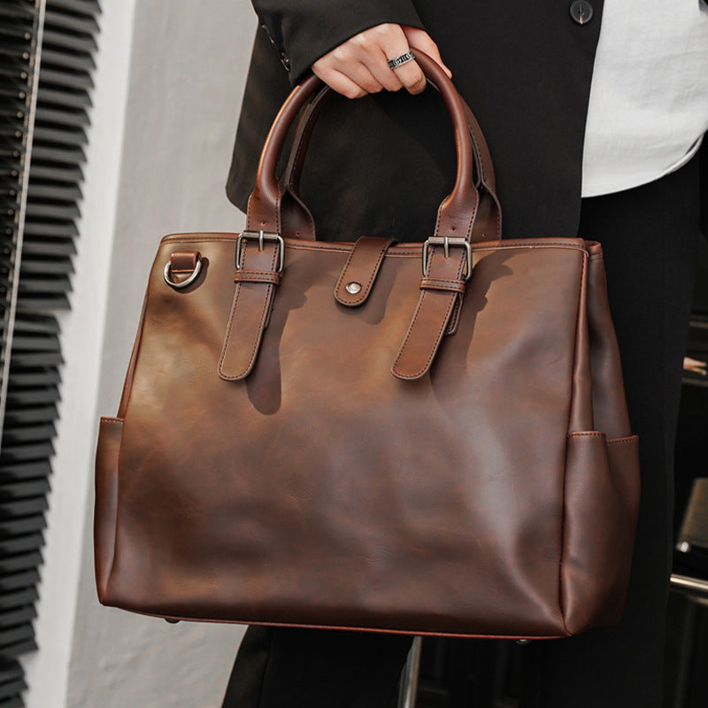Genuine Leather Vintage Briefcase for Men, Minimalist Large Capacity Laptop Bag, Casual Crossbody Shoulder Top Handle Bag for Gentlemen
