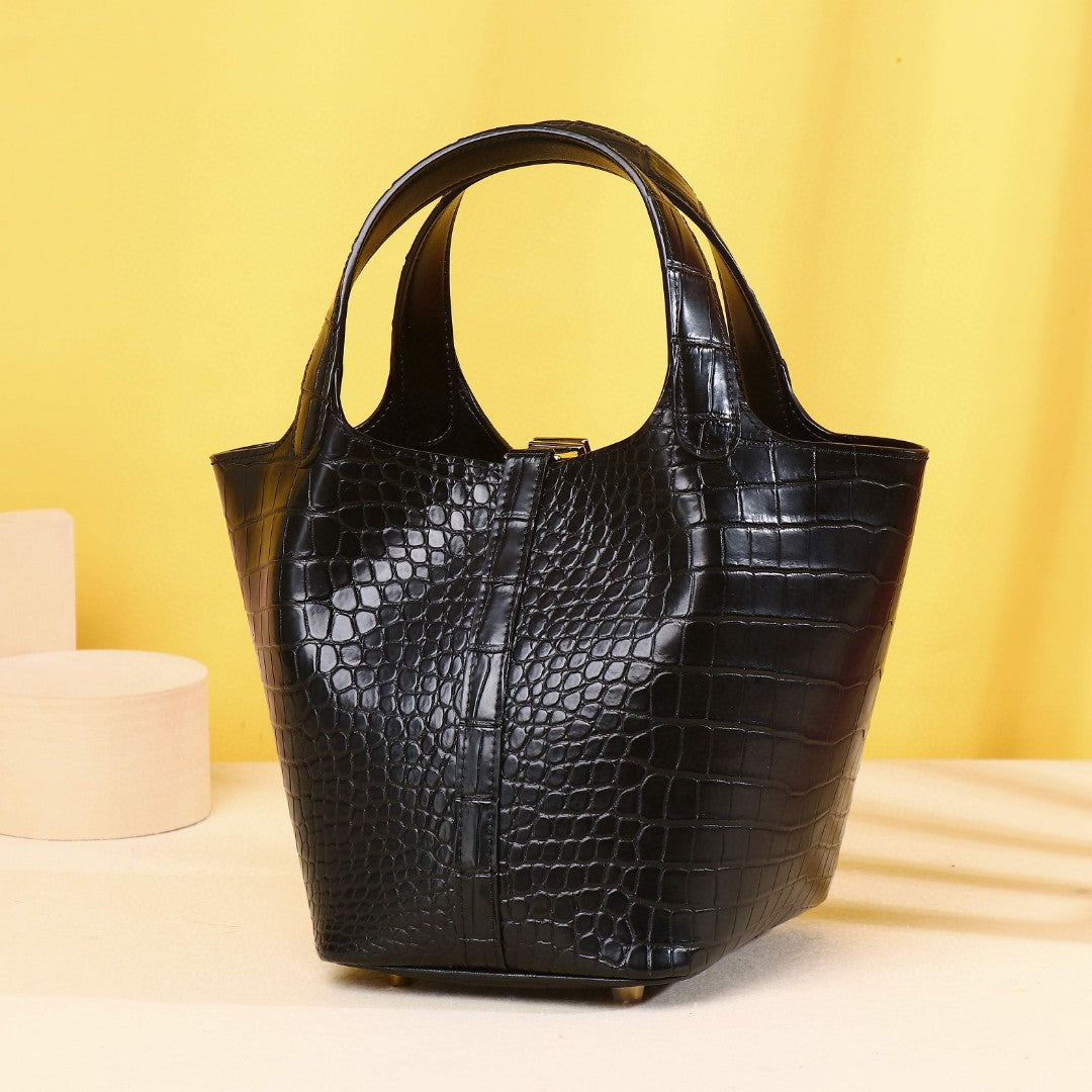 New Summer Genuine Leather Basket Bucket Bag for Women, A Versatile Croc-Effect Top-Handle Shoulder Crossbody Handbag Perfect for Summer Style