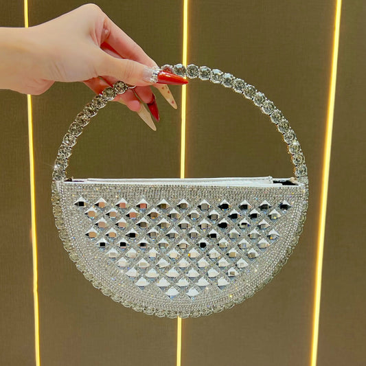 Women's Rhinestone-Embellished Round Evening Bag, Unique Crystal Top-Handle Crossbody Purse for Formal Dress Banquet, French Style Glamorous Handbag