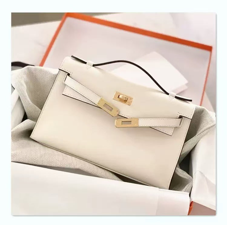 Genuine Swift Leather Mini Kelly-Style Bag for Women, 2025 Spring Summer Hermès-Inspired Top Handle Chain Shoulder Purse, Light Luxury Everyday Handbag for Ladies