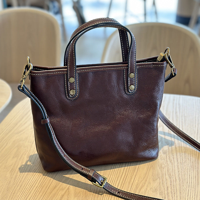 Genuine Top Layer Vegetable-Tanned Cowhide Handbag for Women, Vintage Minimalist Shoulder Crossbody Purse, Casual Work Commute Bag for Ladies