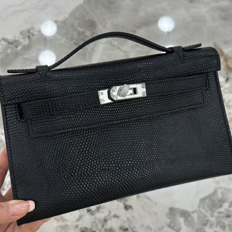 Genuine Lizard-Embossed Cowhide Mini Kelly-Style Bag for Women, Hermès-Inspired Shoulder Crossbody Top Handle Purse, Light Luxury Everyday Handbag for Ladies