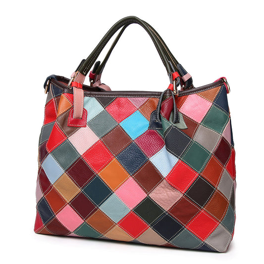Genuine Top Layer Cowhide Plaid Color Block Patchwork Bag for Women, New Handmade Shoulder Crossbody Top Handle Purse, Trendy Everyday Handbag for Ladies