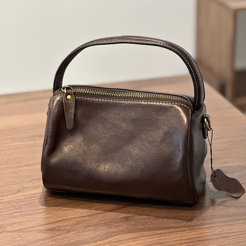 Genuine Vegetable-Tanned Top Layer Cowhide Bag for Women, Vintage Minimalist Shoulder Crossbody Top Handle Purse, Unique Lunch Box Style Small Handbag for Ladies