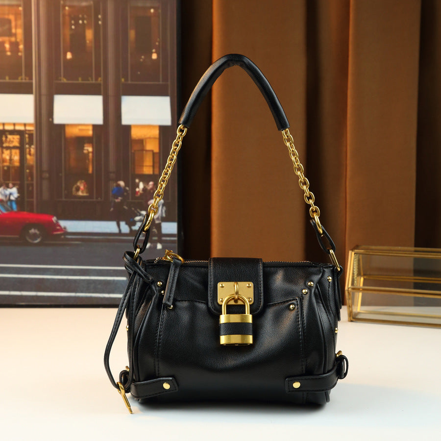 Y2K Style Lock Chain Tote Bag for Women Vintage Soft Leather Large Capacity Shoulder Crossbody Handbag with Trendy Hardware Accent