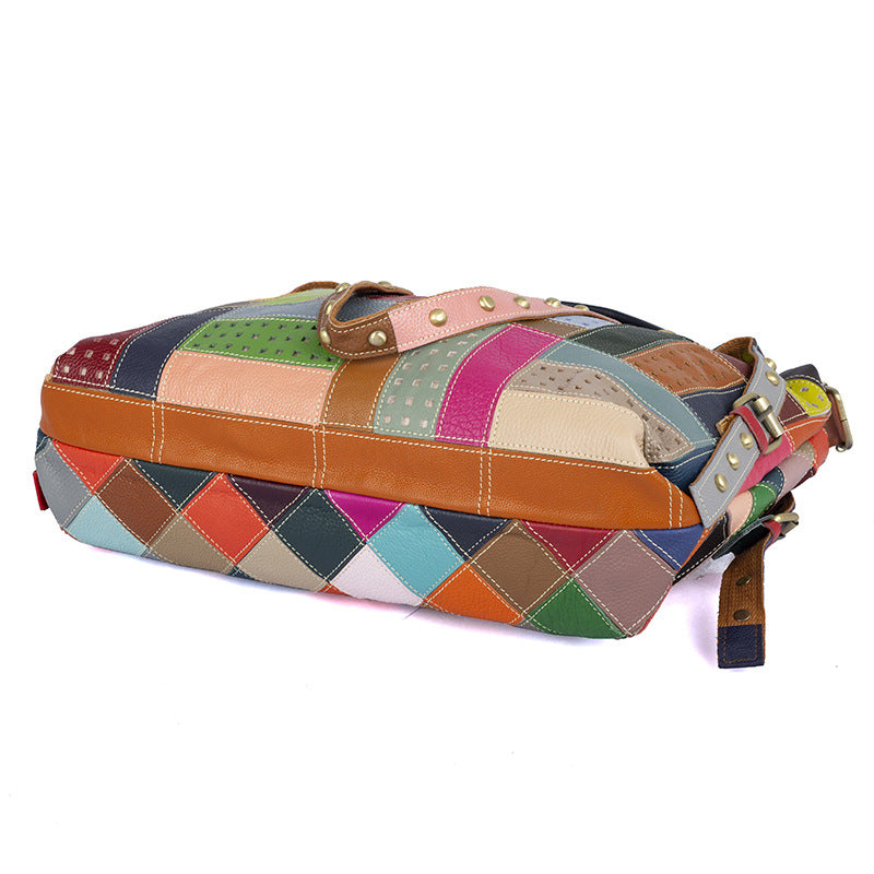 Genuine Top Layer Cowhide Color Block Studded Tote Bag for Women, Vintage Versatile Shoulder Crossbody Top Handle Purse, Trendy Casual Handbag for Ladies