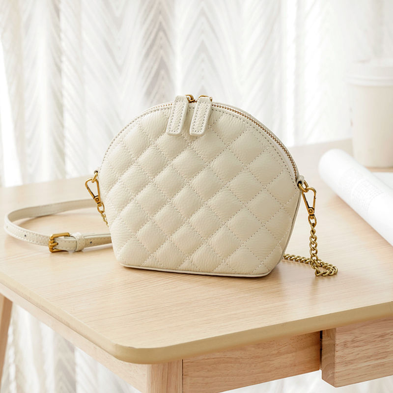 New Chanel-Style Quilted Chain Shell Mini Bag, Top Layer Cowhide Crossbody Purse, Trendy Handbag for Women