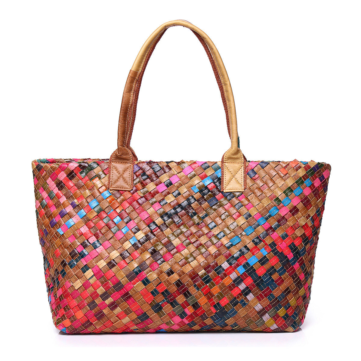 Colorful Stripe Woven Genuine Cowhide Tote, Fashion Designer Shoulder Crossbody Purse, Trendy Handbag for Women