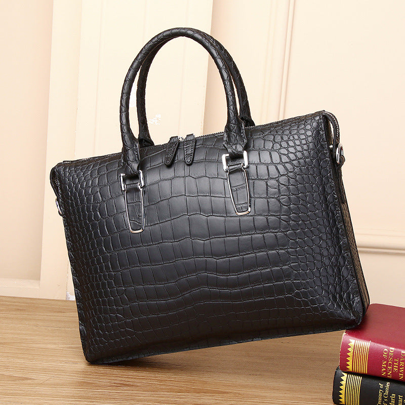 Genuine Leather Men's Laptop Crossbody Bag Large Capacity Multi-Compartment Business Handbag with Matte Crocodile Texture