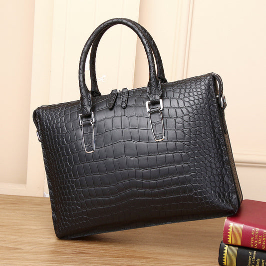 Genuine Leather Men's Laptop Crossbody Bag Large Capacity Multi-Compartment Business Handbag with Matte Crocodile Texture