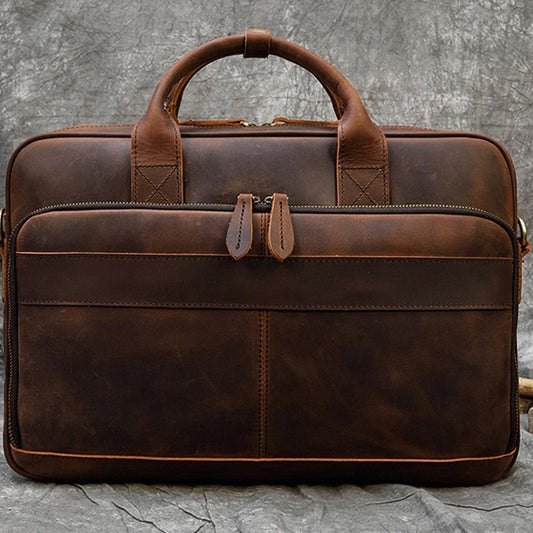 Vintage Crazy Horse Leather Business Briefcase, Commute Laptop Top Handle Bag, Premium Genuine Leather Work Bag for Men