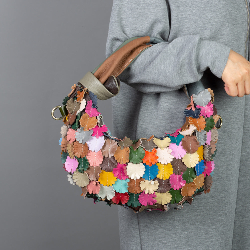 Genuine Leather Ethnic Colorful Patchwork Floral Crescent Bag for Women, New Arrival Bohemian Crossbody Shoulder Purse, Unique Designer Handbag for Ladies