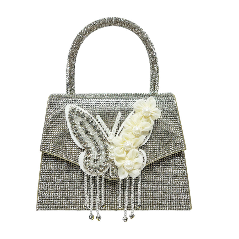 Elegant Rhinestone Butterfly Evening Bag for Women, A Premium Chain Small Square Top-Handle Crossbody Handbag with Stylish Tassel Detail & Sparkly Crystal Embellishment, Perfect for Banquets Weddings & Special Occasions