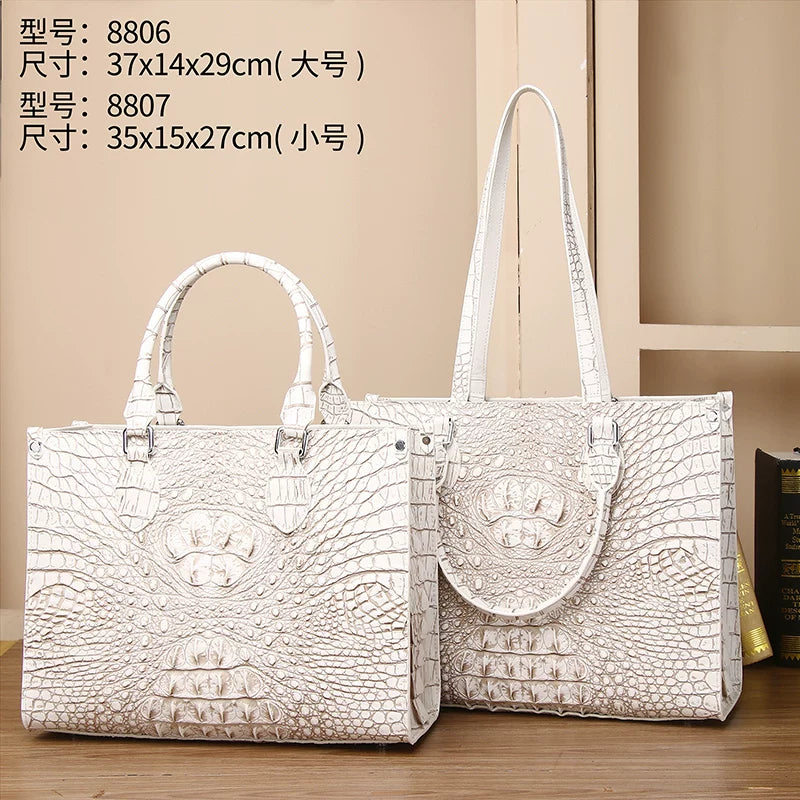 New Arrival Croc-Effect Genuine Leather Tote Bag in Himalayan White, A Large Capacity Mommy Bag with Distressed Finish, Perfect Everyday Tote for Women