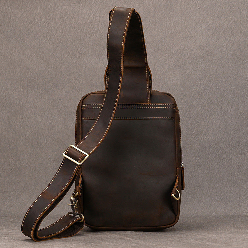 Large Capacity Crazy Horse Leather Chest Bag, Casual Crossbody Shoulder Pouch, Cowhide Bag Fits iPad for Men