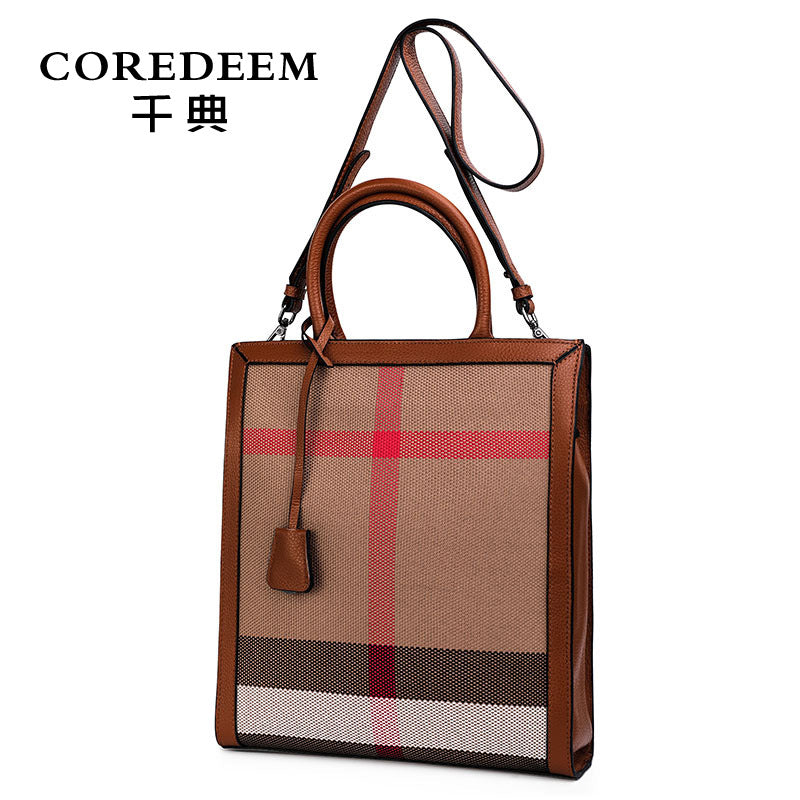 New Fashionable Leather Trim Large Capacity Bag, Versatile Crossbody Shoulder Purse, Trendy Plaid Top Handle Handbag for Women