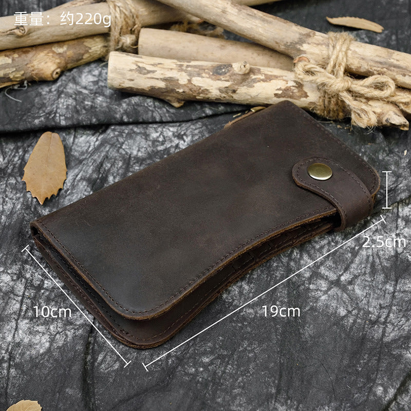 Crazy Horse Leather RFID Blocking Long Wallet for Men, Anti-Theft Chain Clutch, Secure Card Holder Money Bag for Gentlemen