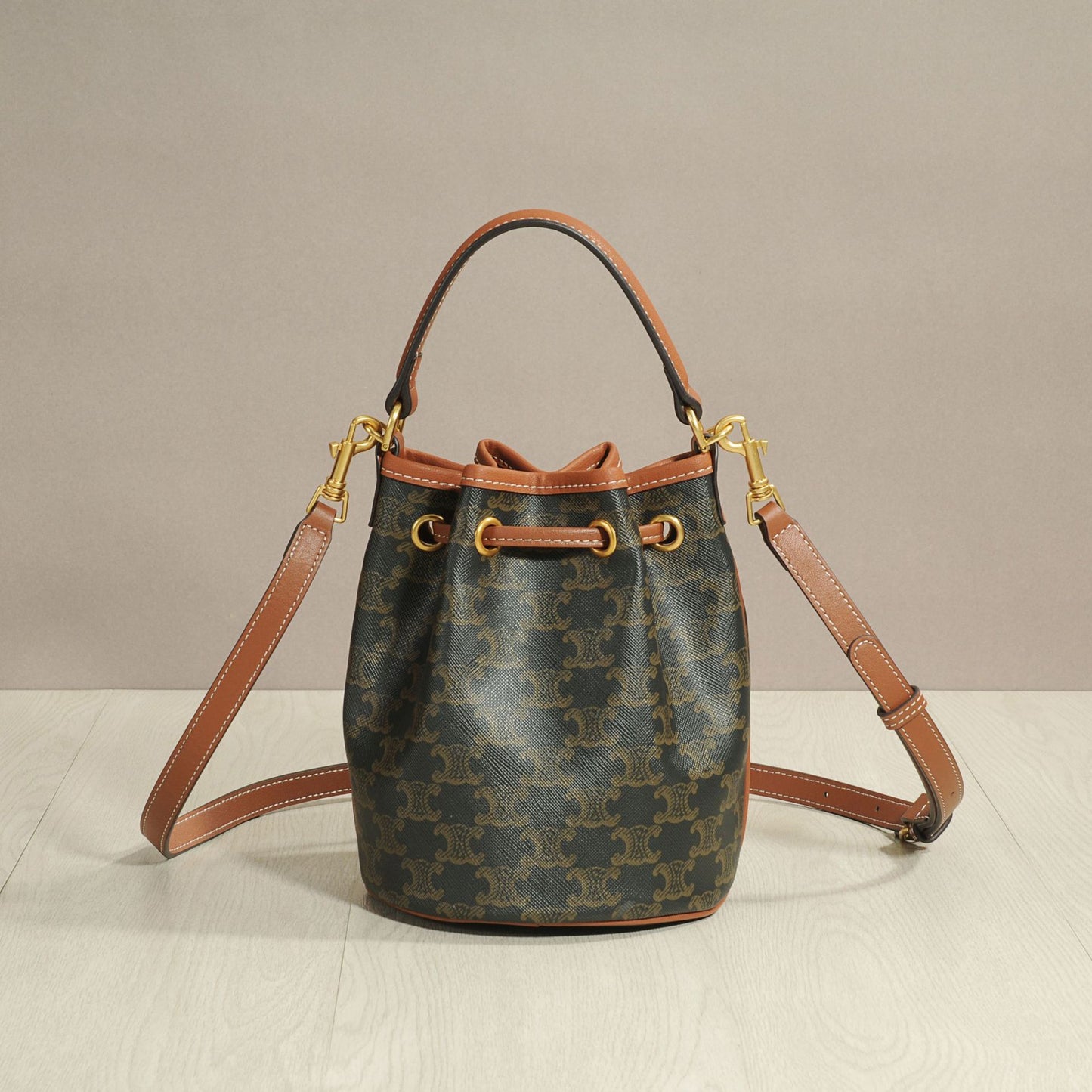 Summer New Classic Monogram Drawstring Small Genuine Leather Bucket Bag Handbag Crossbody Shoulder Purse