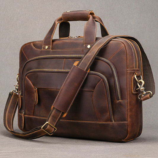 Genuine Crazy Horse Cowhide Large Capacity Briefcase for Men, Multi-Compartment Commute Top Handle Crossbody Travel Bag, Vintage Leather Work Weekender for Gentlemen