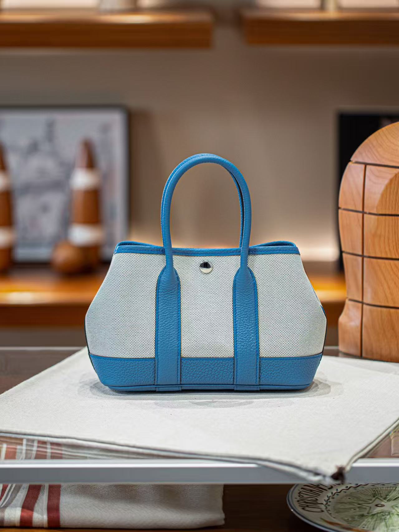 Women's Garden-Style Tote Bag 23cm, Hermès-Inspired Semi-Handmade Waxed Stitching Handbag, Panda-Inspired Design with Cowhide Leather & Canvas Contrast Patchwork, Trendy Shoulder Top-Handle Purse for Daily Use