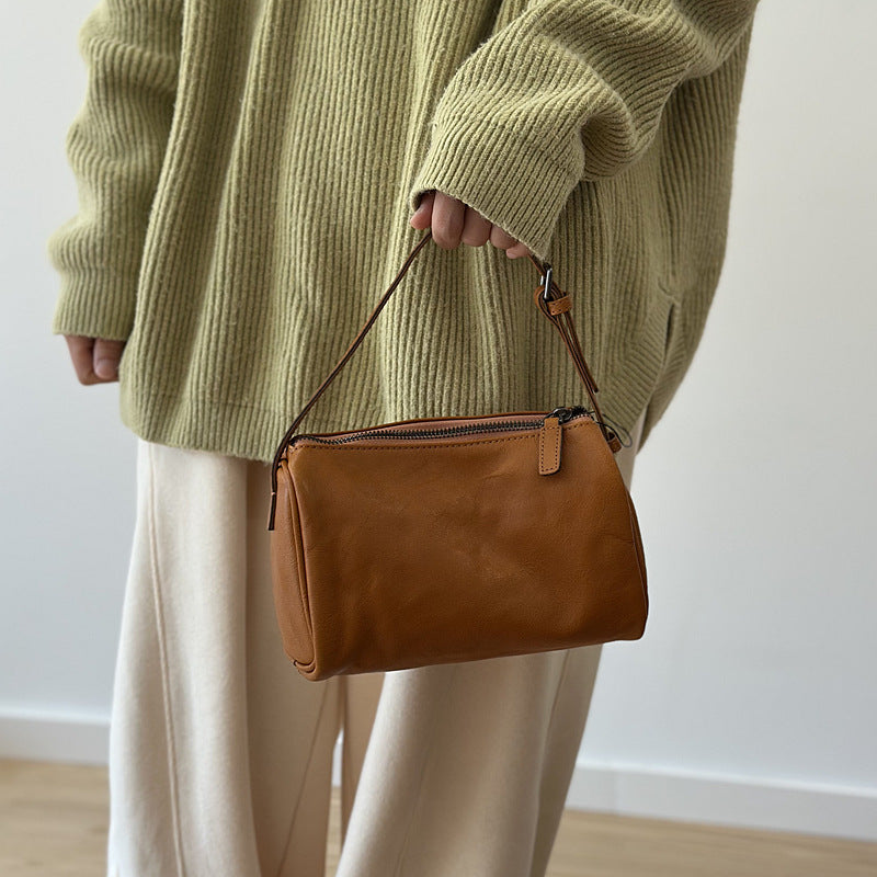 Genuine Vegetable-Tanned Top Layer Cowhide Mini Square Bag for Women, New Spring Crossbody Top Handle Purse, Pencil Case Style Small Handbag for Ladies