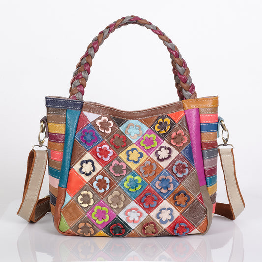 Premium Genuine Leather Patchwork Tote for Women | Ethnic Style Floral Color-Block Handbag with Unique Artistic Design | Versatile 3-in-1 Top-Handle/Shoulder/Cross-Body Carry | Large-Capacity Spacious Purse for Work, Errands, Travel & Everyday Chic