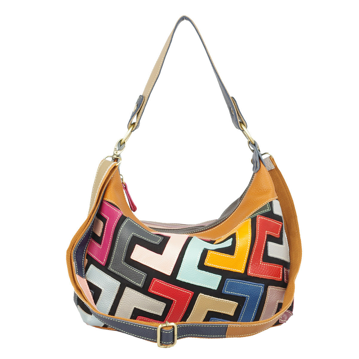 Premium Cowhide Leather Crescent Cross-Body Bag for Women | New Geometric Color-Block Pattern with Random Vibrant Contrast Design | Ethnic Bohemian Style Shoulder Purse for Everyday Chic & Travel | Unique Artistic Handbag with Trendy Statement Appeal