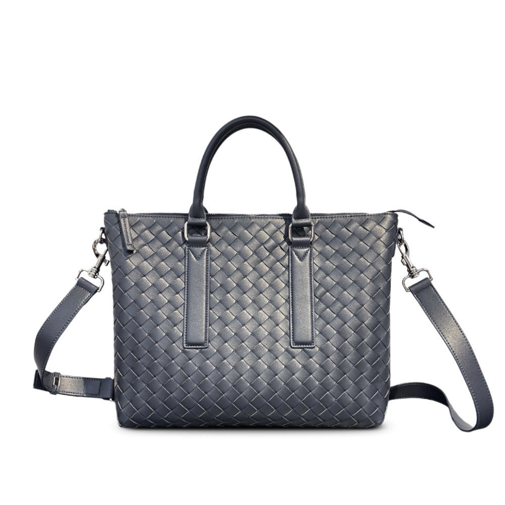 Genuine Leather Woven Large Tote Briefcase, Business Commuter Handbag, Unisex Shoulder & Crossbody Bag