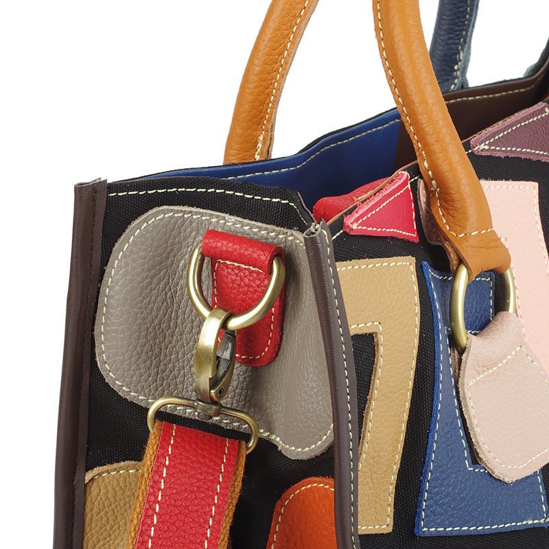 Genuine Leather Women's Tote Bag, Ethnic Style Colorful Contrast Color Design, Large Capacity Top Handle Handbag for Women