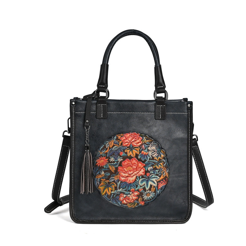 Genuine Top Layer Cowhide Chinese Classical Handbag for Women, Vintage Retro Small Square Crossbody Shoulder Top Handle Purse, Trendy Oriental Style Bag for Ladies