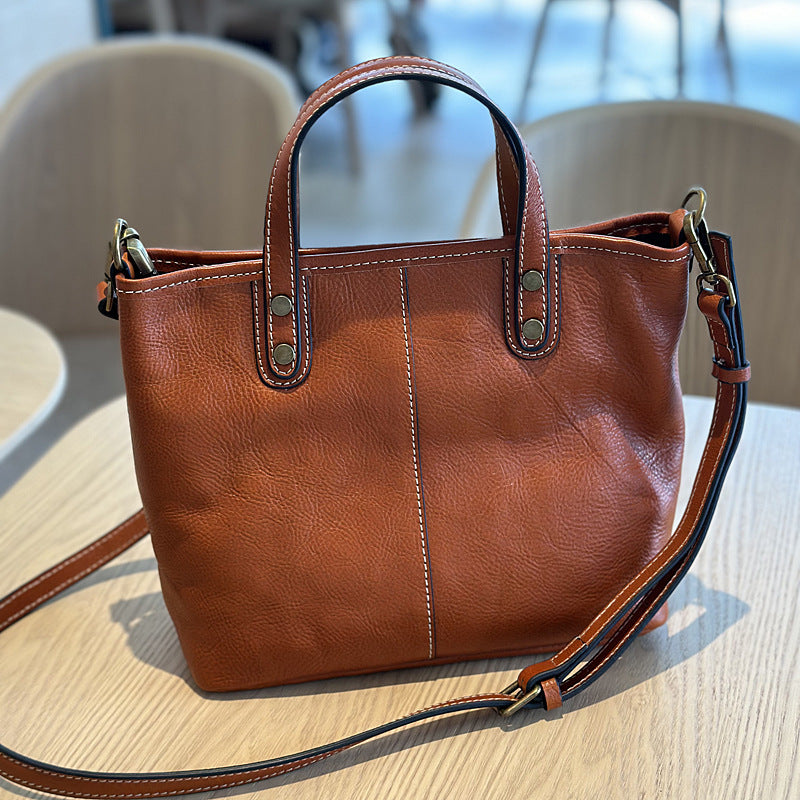 Genuine Top Layer Vegetable-Tanned Cowhide Handbag for Women, Vintage Minimalist Shoulder Crossbody Purse, Casual Work Commute Bag for Ladies