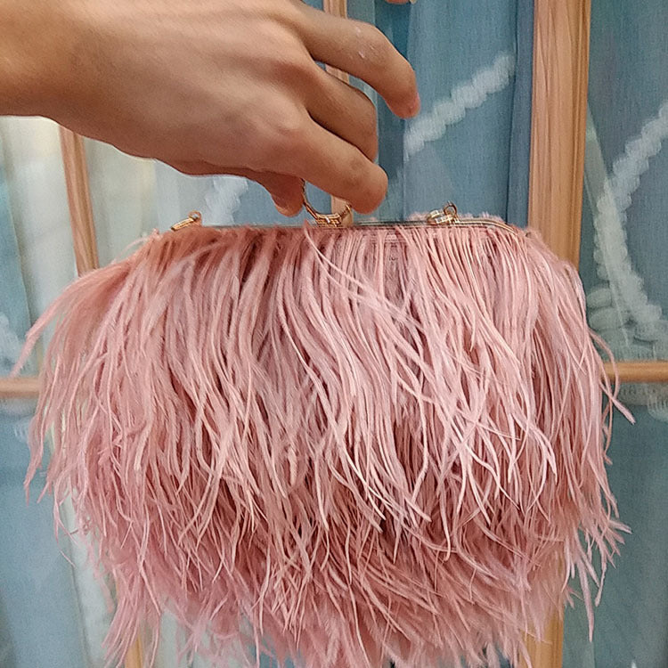 Genuine Ostrich Feather Handbag for Women, Trendy Chain Shoulder Top Handle Evening Purse, Fashionable Clutch Bag for Ladies