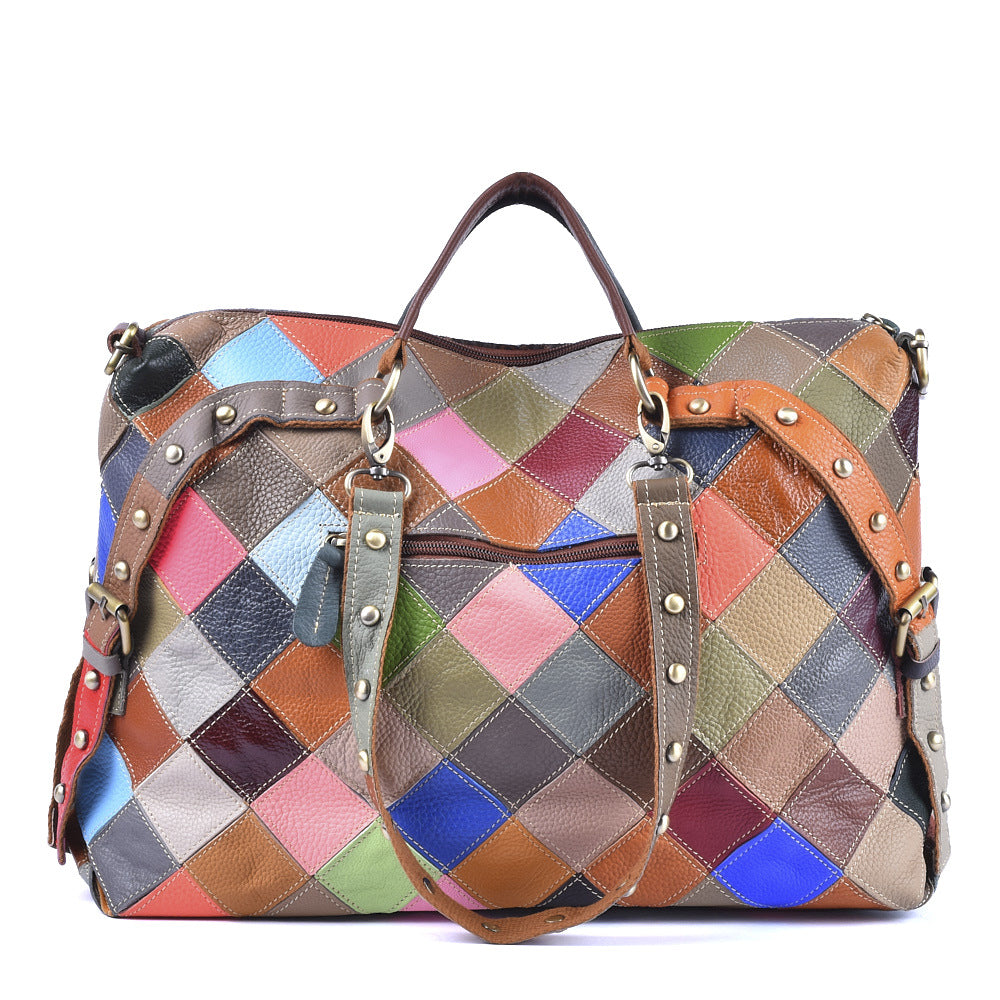 Colorful Stripe Geometric Bag in Genuine Cowhide, Random Color Block Large Capacity Shoulder Crossbody Tote, Stylish Handbag for Women
