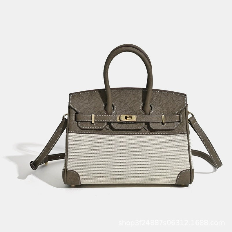 Chic Minimalist Canvas & Leather Birkin-Inspired Tote Bag for Women, Casual Bucket Handbag with Spliced Design, Versatile Top-Handle Shoulder Purse for Everyday Style