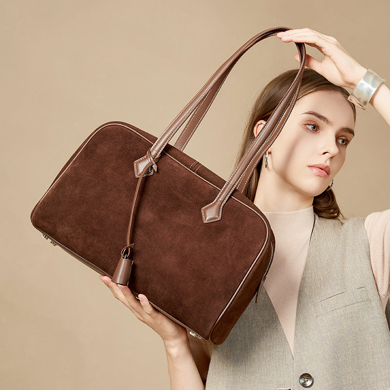 Genuine Suede Leather Boston Bowling Tote Bag for Women, New Large Capacity Shoulder Handbag, Premium Fashionable Everyday Purse for Ladies