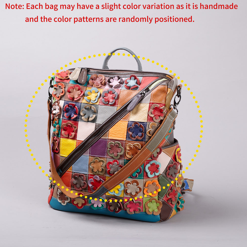 Genuine Top Layer Cowhide Vintage Color Block Patchwork Backpack, Large Capacity Travel School Daypack, Commute Bag for Men and Women, Casual Leather Rucksack
