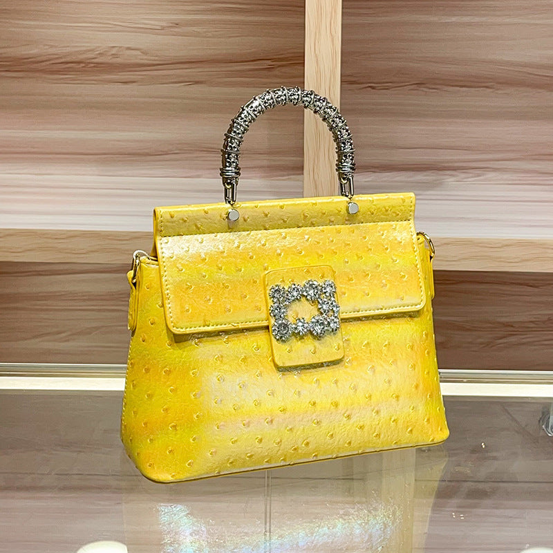 Genuine Leather Ostrich-Embossed Handbag for Women,New Premium Rhinestone Top Handle Crossbody Purse, Fashionable Bag for Ladies